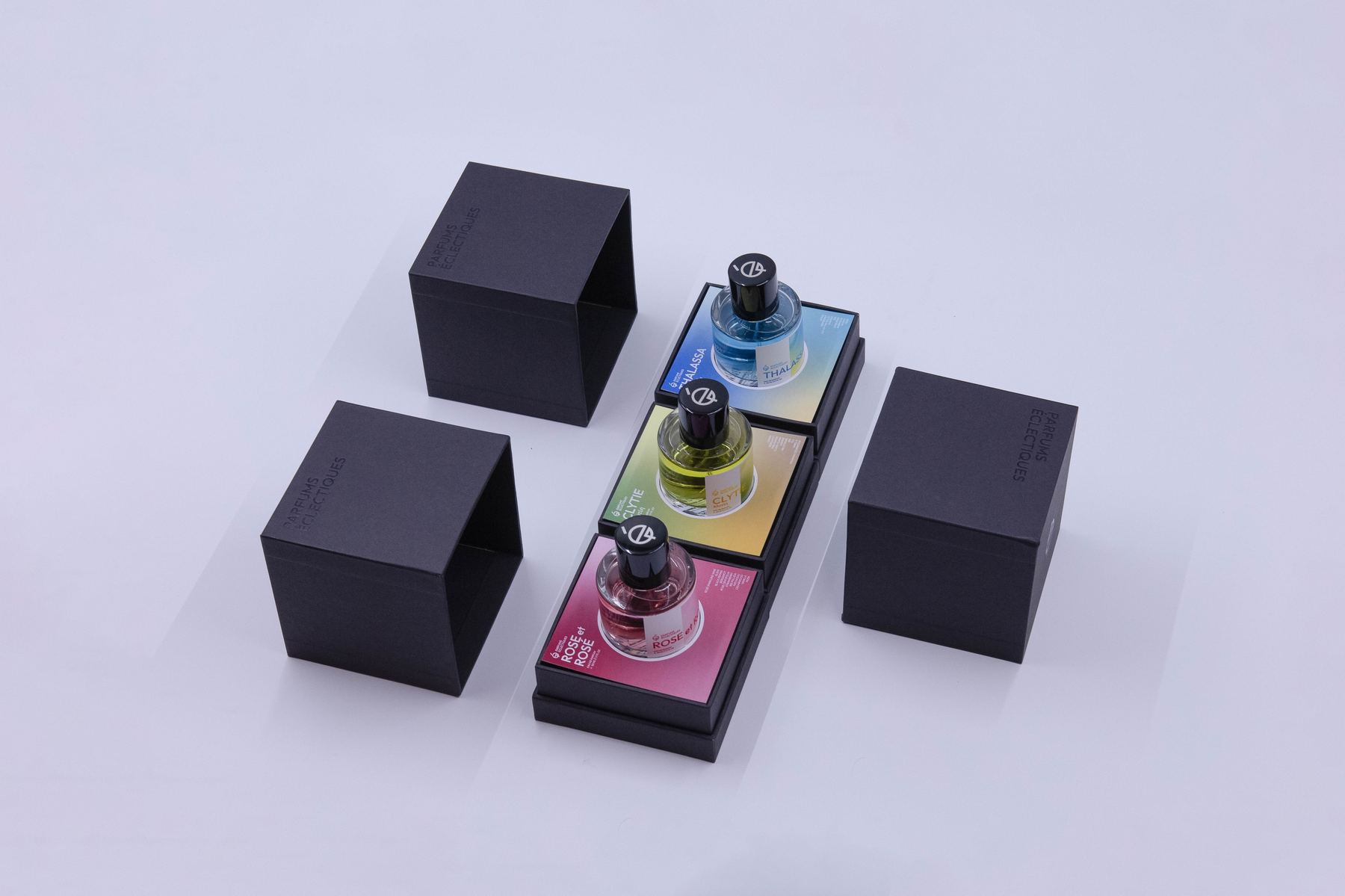Thalassa, Clytie and Rose et Rosé set in their open black boxes